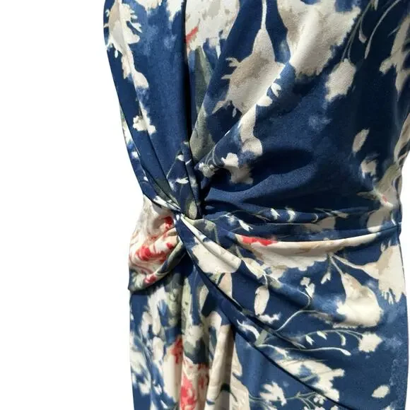 Ralph Lauren Midi Dress Blue Floral Twist Front Stretch Jersey Wedding Guest 6 - Picture 9 of 14